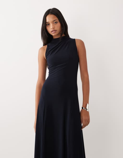ASOS DESIGN - Robe longue froncée à l'arrière avec liens et col montant - Bleu marine, 2 de 4