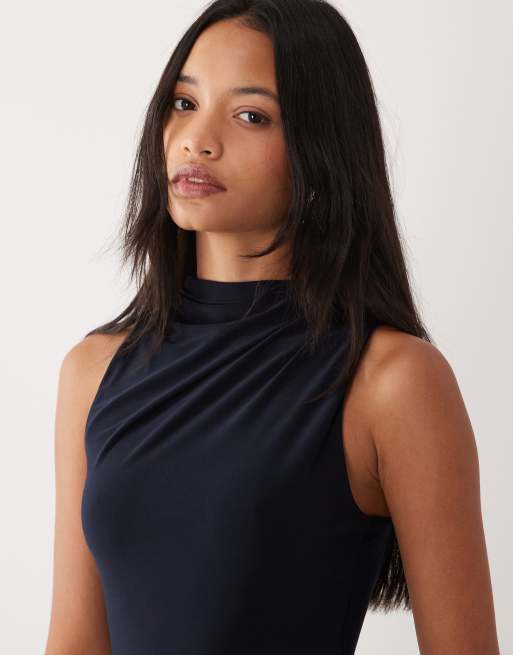 ASOS DESIGN - Robe longue froncée à l'arrière avec liens et col montant - Bleu marine, 3 de 4