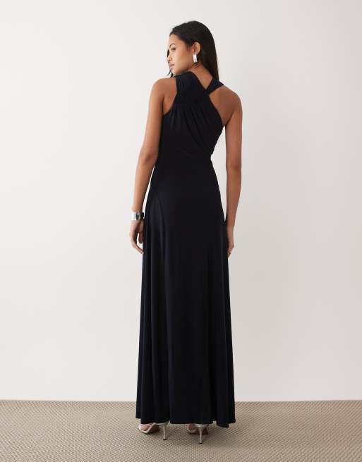 ASOS DESIGN - Robe longue froncée à l'arrière avec liens et col montant - Bleu marine, 4 de 4