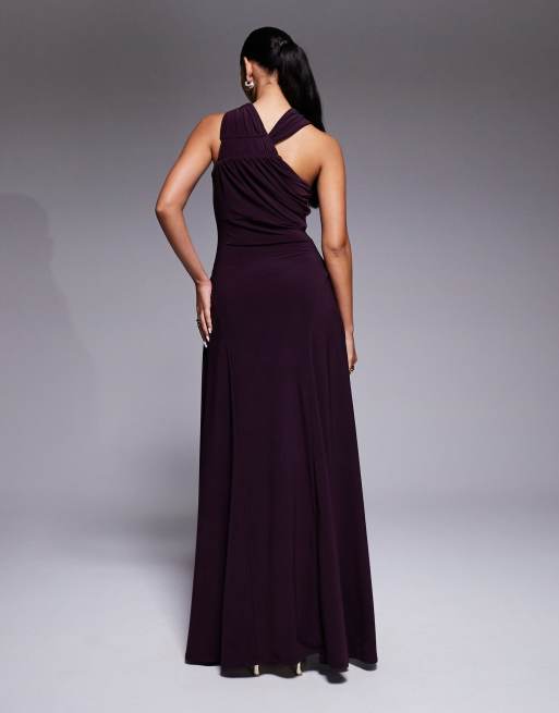 ASOS DESIGN - Robe longue froncée à l'arrière avec liens et col montant - Prune, 2 de 4