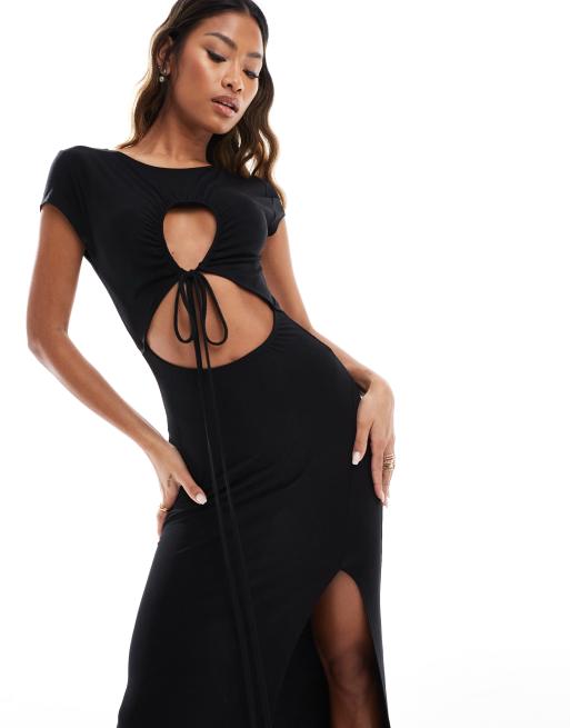 ASOS DESIGN - Robe longue froncée à mancherons et fente goutte d'eau avec liens noués devant - Noir