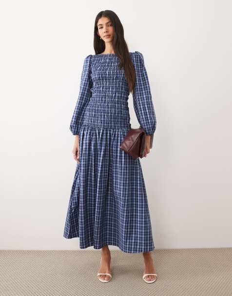 ASOS DESIGN - Robe longue froncée à manches longues - Carreaux bleus - view 1