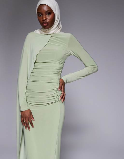 ASOS DESIGN - Robe longue froncée à manches longues et détail drapé - Sauge, 3 de 4
