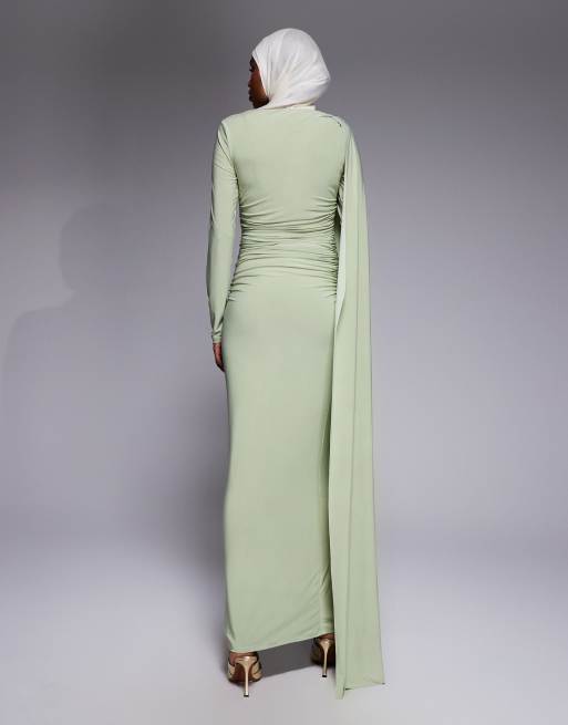 ASOS DESIGN - Robe longue froncée à manches longues et détail drapé - Sauge, 4 de 4