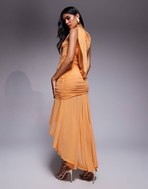 ASOS DESIGN - Robe longue froncée à ourlet asymétrique - Abricot, 3 de 4