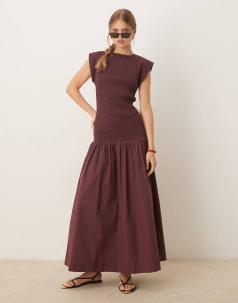 ASOS DESIGN - Robe longue froncée à taille basse et col montant - Raisin foncé - view 1