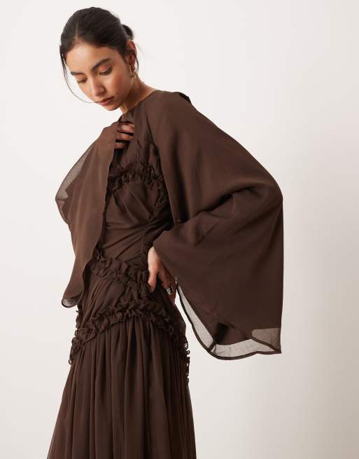 ASOS DESIGN - Robe longue froncée en mousseline froissée à petits volants - Chocolat, 2 de 4