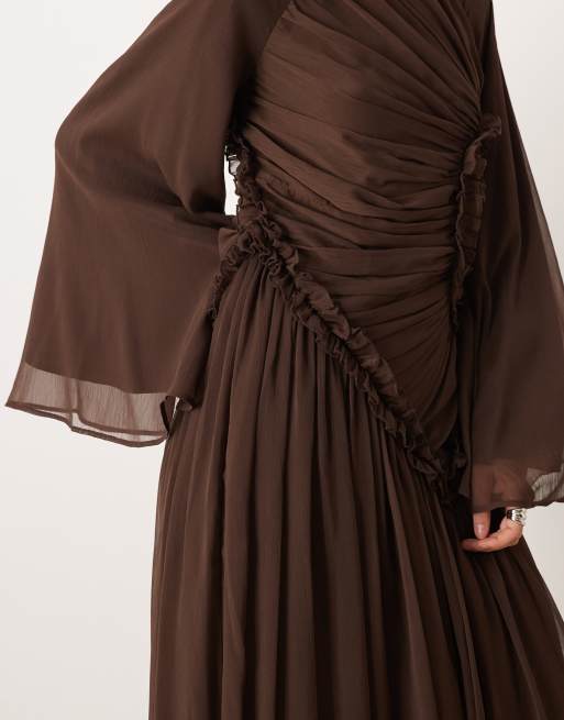 ASOS DESIGN - Robe longue froncée en mousseline froissée à petits volants - Chocolat, 4 de 4