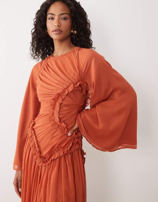 ASOS DESIGN - Robe longue froncée en mousseline froissée à petits volants - Orange brûlé, 2 de 4
