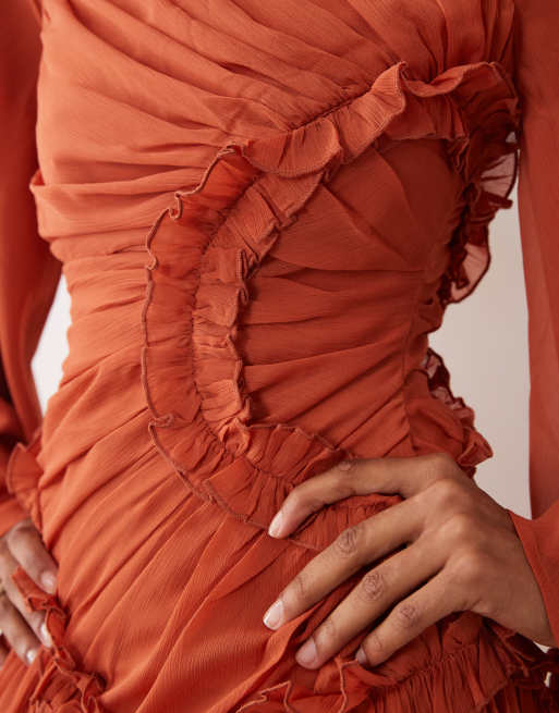 ASOS DESIGN - Robe longue froncée en mousseline froissée à petits volants - Orange brûlé, 4 de 4