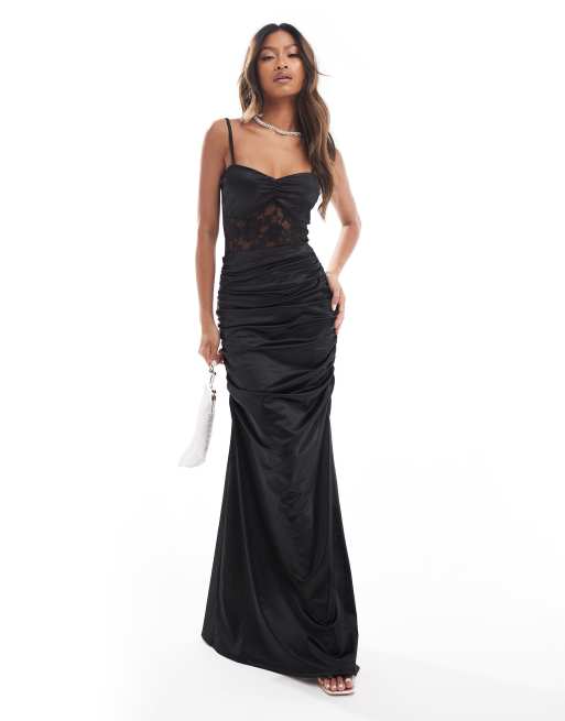 ASOS DESIGN Robe longue froncee en satin et dentelle effet ensemble Noir ASOS