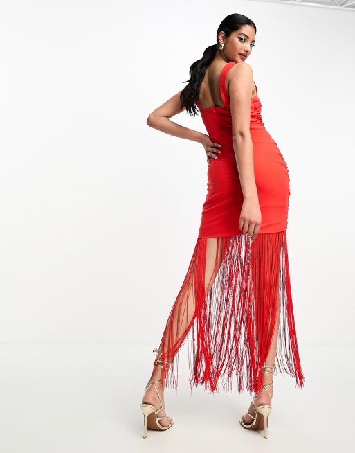 ASOS DESIGN - Robe longue froncée en tulle à encolure carrée et franges - Rouge, 2 de 4