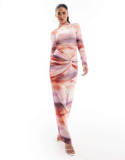 ASOS DESIGN - Robe longue froncée en tulle à manches longues avec imprimé aquarelle, 2 de 4