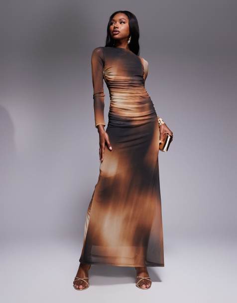 ASOS DESIGN - Robe longue froncée en tulle à manches longues - Imprimé ombré ton sur ton - view 1