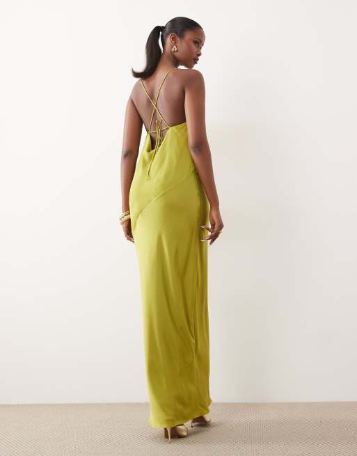 ASOS DESIGN - Robe longue hybride à bretelles fines et empiècements satinés - Chartreuse, 4 de 4