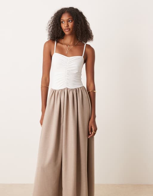 ASOS DESIGN - Robe longue hybride à top froncé et taille tombante - Neutre, 2 de 4