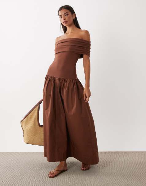 ASOS DESIGN robe longue hybride bardot marron - view 1