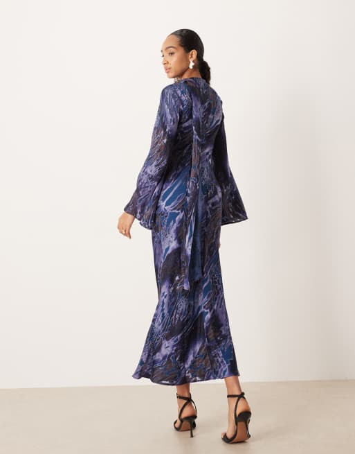 ASOS DESIGN - Robe longue imprimé abstrait à détail foulard - Bleu, 3 de 4