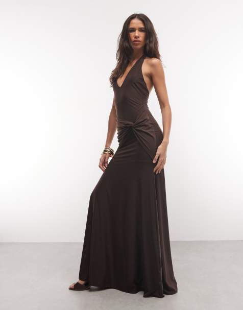 ASOS DESIGN robe longue jusqu'au sol avec taille basse torsadée en chocolat - view 1