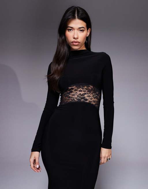 ASOS DESIGN - Robe longue manches longues à empiècement en dentelle et col montant - Noir, 2 de 4