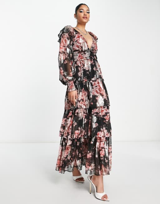 ASOS DESIGN Robe longue m tallis e d collet plongeant volants et imprim fleurs Noir