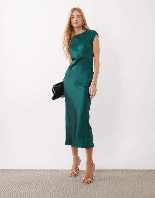 ASOS DESIGN robe longue mi-mollet en satin à coupe droite avec mancherons, vert foncé, 2 de 4