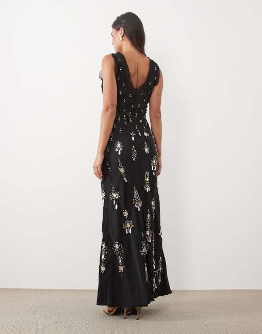 ASOS DESIGN robe longue noire à col V ornée de bijoux, 4 de 4