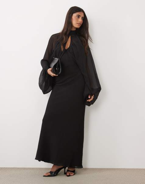 ASOS DESIGN robe longue noire avec top caraco en biais dessous, manches blouson et ouverture goutte d’eau - view 1