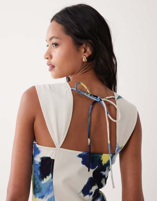 ASOS DESIGN - Robe longue nouée dans le dos en coton structuré à taille basse - Bleu à imprimé fleurs abstrait, 4 de 4