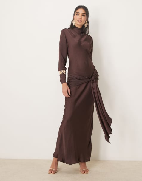 ASOS DESIGN - Robe longue nouée sur le devant en satin avec manches longues - Chocolat - view 1