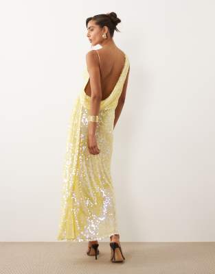 ASOS DESIGN - Robe longue ornée de sequins avec col montant et détail drapé dans le dos - Jaune-Pas de couleur