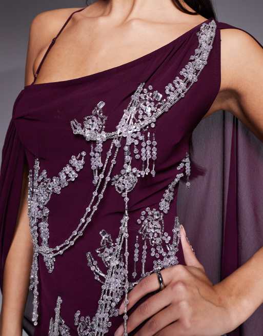 ASOS DESIGN - Robe longue ornementée coupée en biais à franges et mancherons - Prune, 3 de 4