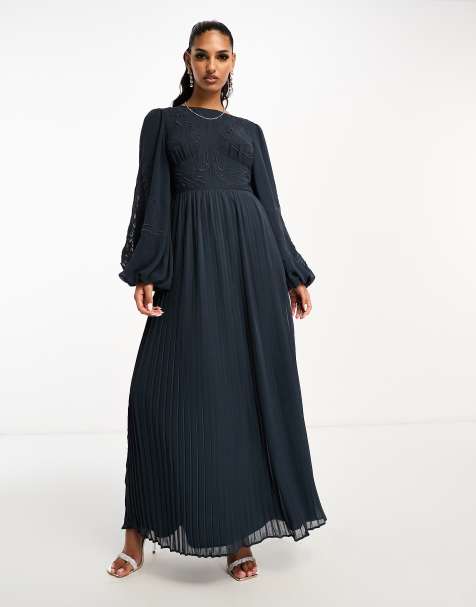 ASOS DESIGN - Robe longue plissée à broderie anglaise ajourée - Bleu ardoise - view 1