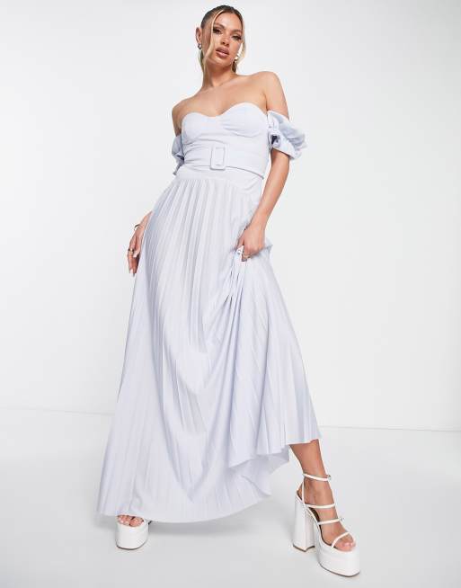 ASOS DESIGN Robe longue plissee a ceinture avec encolure Bardot Bleu cendre