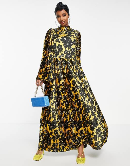 ASOS DESIGN - Robe longue plissée à col montant et imprimé floral - Moutarde vif