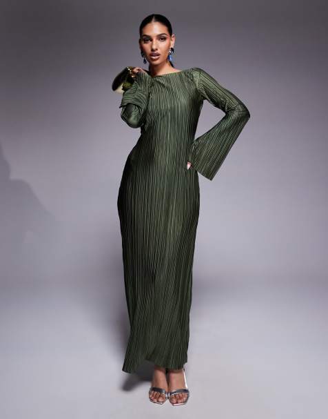 ASOS DESIGN - Robe longue plissée à dos échancré avec manches anges - Kaki clair - view 1