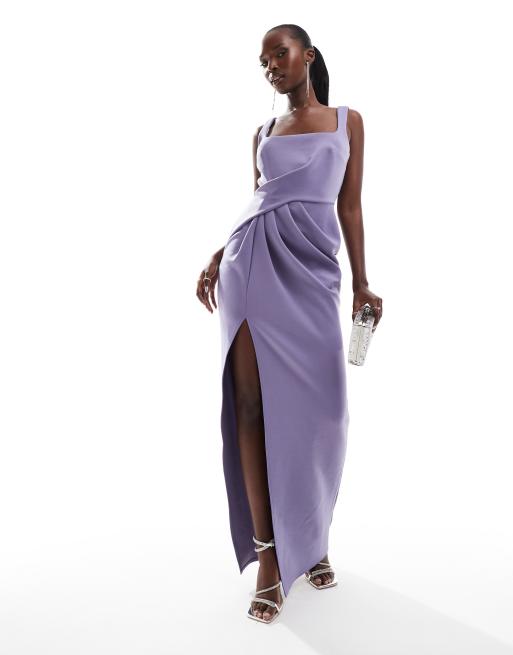 ASOS DESIGN Robe longue plissee a encolure carree Lilas fonce