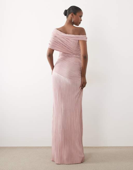 ASOS DESIGN - Robe longue plissée à épaules dénudées avec détails froncés - Rose blush, 3 de 4
