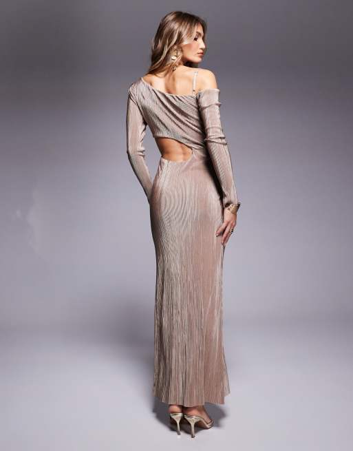 ASOS DESIGN - Robe longue plissée à épaules tombantes et détails froncés - Camel, 2 de 4