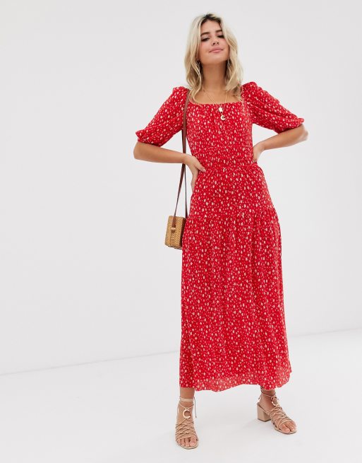 ASOS DESIGN - Robe longue plissée à imprimé petites fleurs - Rouge