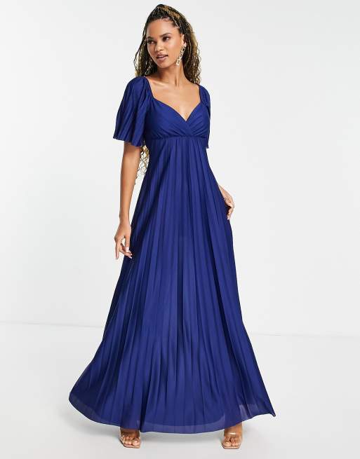 Asos Design Robe Longue Plissée à Mancherons Et Dos Torsadé Bleu