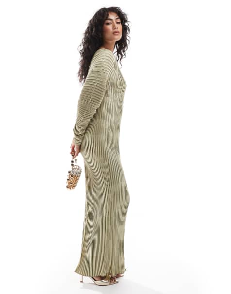 ASOS DESIGN - Robe longue plissée à manches cocon - Doré - view 1