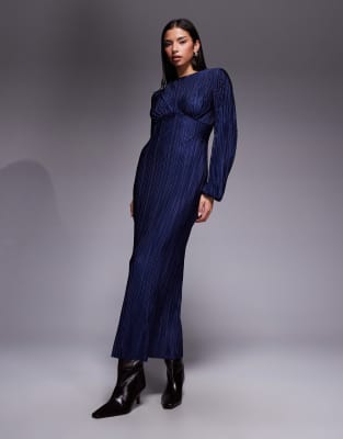 Robe longue plissée à manches longues et bouffantes - Bleu marine 34