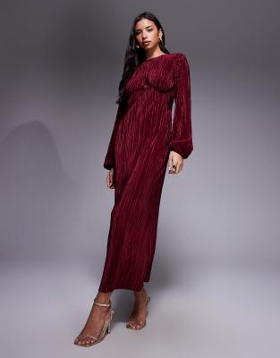 Robe longue plissée à manches longues et bouffantes - Lie de vin-Rouge 40