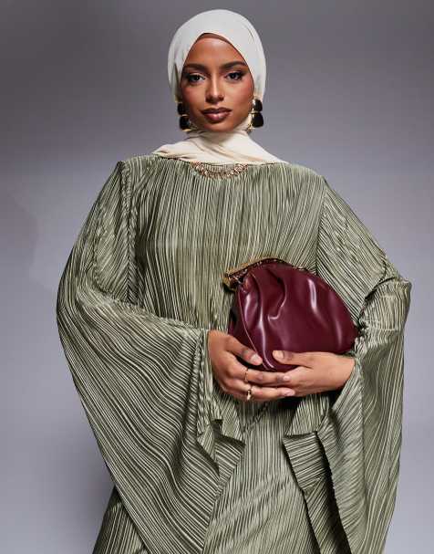 ASOS DESIGN - Robe longue plissée à manches plissées style cape - Kaki doux - view 1