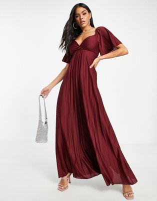 Femme Robe longue plissée à manches torsadées - Rouge