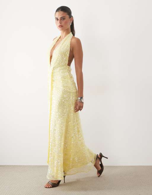 ASOS DESIGN robe longue plissée à sequins, dos nu et col halter, avec détail écharpe, jaune, 4 de 4