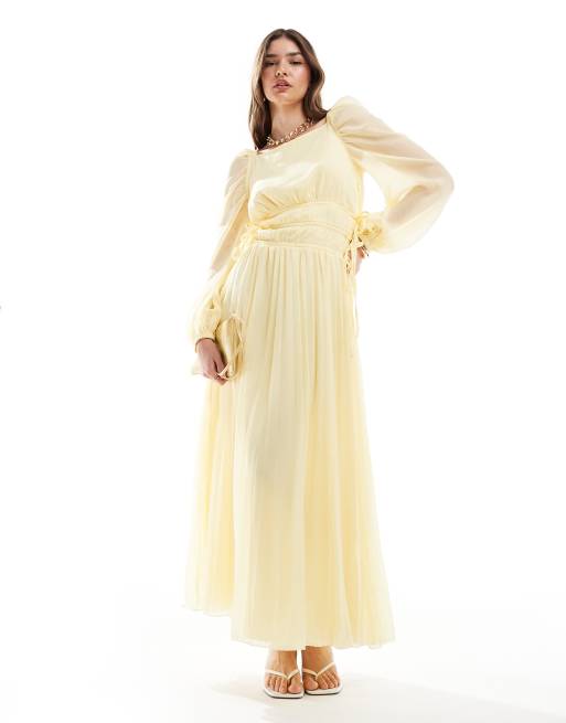 ASOS DESIGN - Robe longue plissée avec corsage à cordons de serrage - Jaune pastel