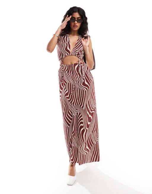 ASOS DESIGN - Robe longue plissée avec découpes à la taille et liens - Bordeaux à zébrures