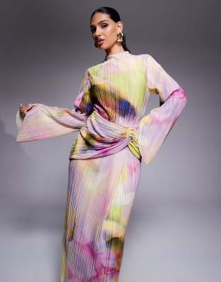 Robe longue plissée avec manches longues et détail drapé - Imprimé flou pastel-Multicolore 34